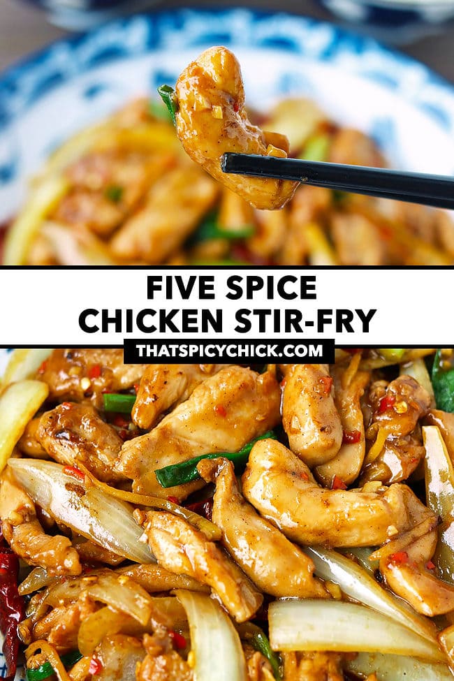 Chopsticks holding up chicken piece and closeup of chicken stir-fry. Text overlay "Five Spice Chicken Stir-fry" and "thatspicychick.com".