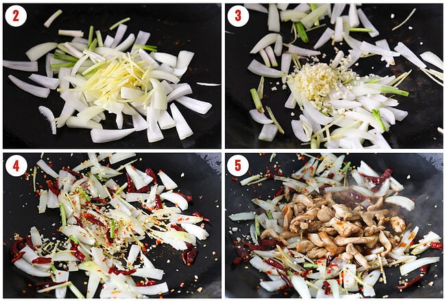 Process steps to cook 5-spice chicken stir-fry in a wok.