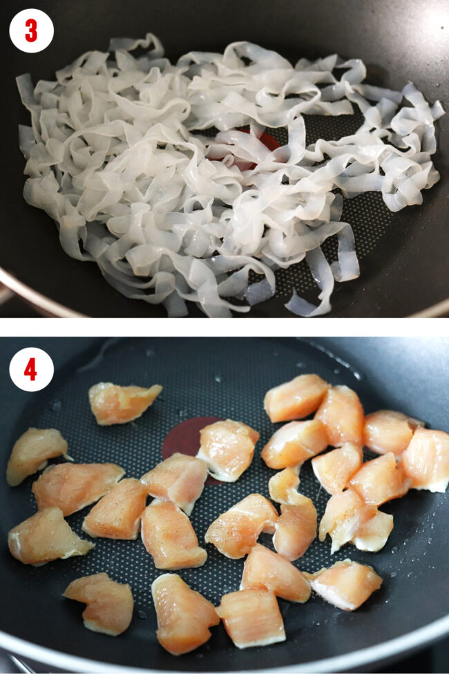Dry frying noodles and cooking chicken in a wok process steps.