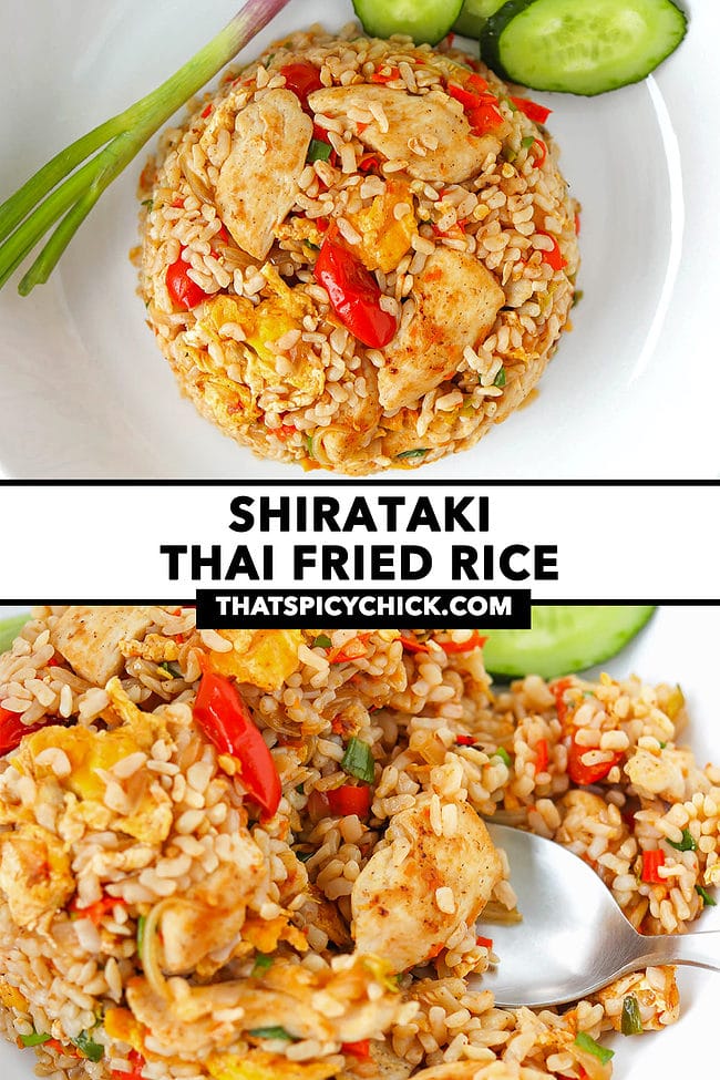 Thai fried rice on a plate with a spoon. Text overlay "Shirataki Thai Fried Rice" and "thatspicychick.com".