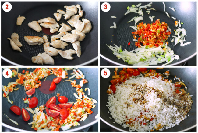 Process steps to cook shirataki Thai fried rice in a wok.