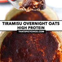 Spoon with a bite of overnight oats and top view of bowl. Text overlay "Tiramisu Overnight Oats High Protein" and "thatspicychick.com".