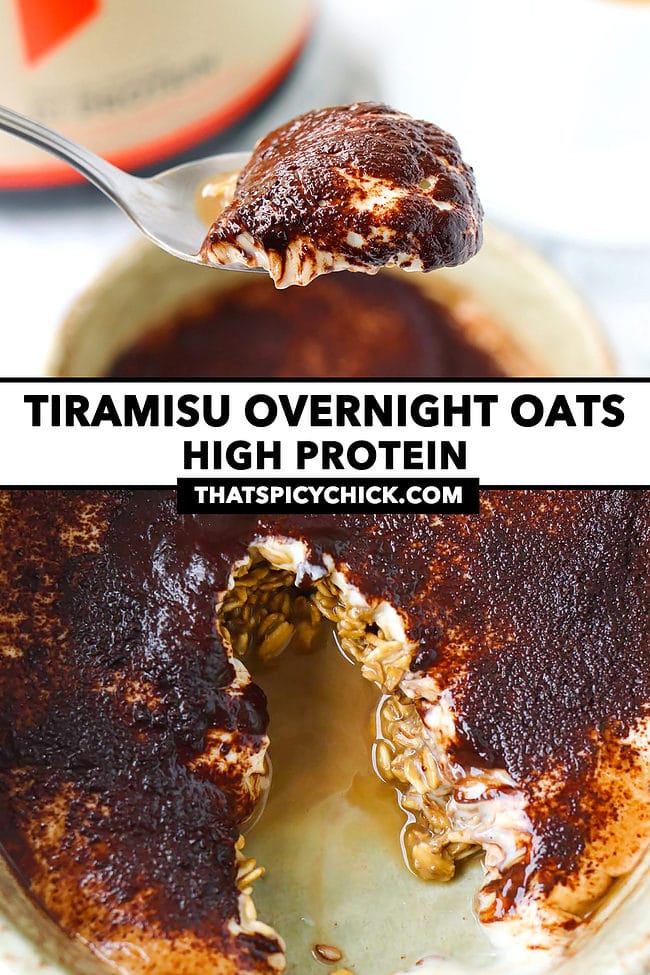 Spoon with a bite of overnight oats and bowl with bites eaten. Text overlay "Tiramisu Overnight Oats High Protein" and "thatspicychick.com".