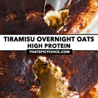 Spoon cutting into bowl with overnight oats and bites eaten from bowl to show layers. Text overlay "Tiramisu Overnight Oats High Protein" and "thatspicychick.com".