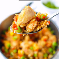 Spoon holding up a bite of fried rice. Text overlay "Spicy Chicken Fried Rice" and "thatspicychick.com".