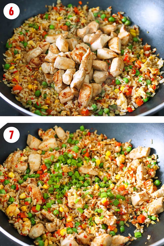 Added cooked chicken to fried rice in a wok and added spring onion.