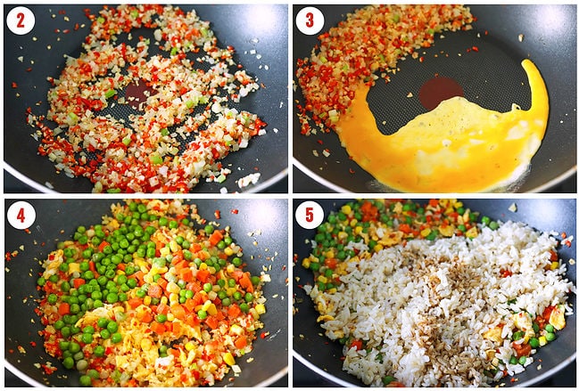 Process steps to cook spicy chicken fried rice with egg in a wok.