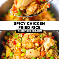 Spoon with a bite of fried rice and fried rice in a bowl. Text overlay "Spicy Chicken Fried Rice" and "thatspicychick.com".