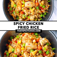 Top and front view of bowl with fried rice. Text overlay "Spicy Chicken Fried Rice" and "thatspicychick.com".