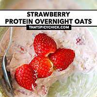 Spoon with a bite of pink overnight oats and bowl with bites eaten out. Text overlay "Strawberry Protein Overnight Oats" and "thatspicychick.com".