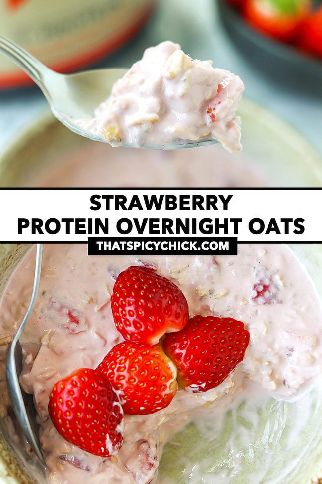 Spoon with a bite of pink overnight oats and bowl with bites eaten out. Text overlay "Strawberry Protein Overnight Oats" and "thatspicychick.com".