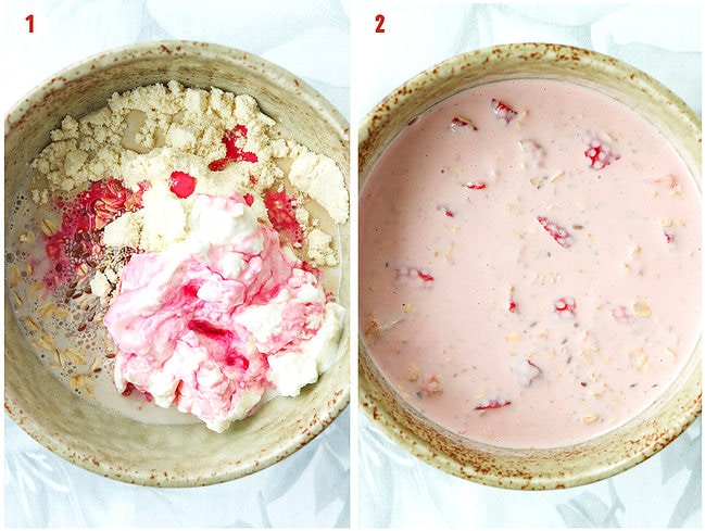 Unmixed and mixed ingredients for strawberry protein overnight oats in a bowl.