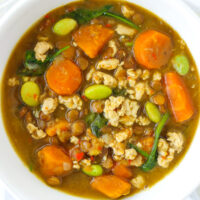 Thai green curry lentil soup in a bowl.