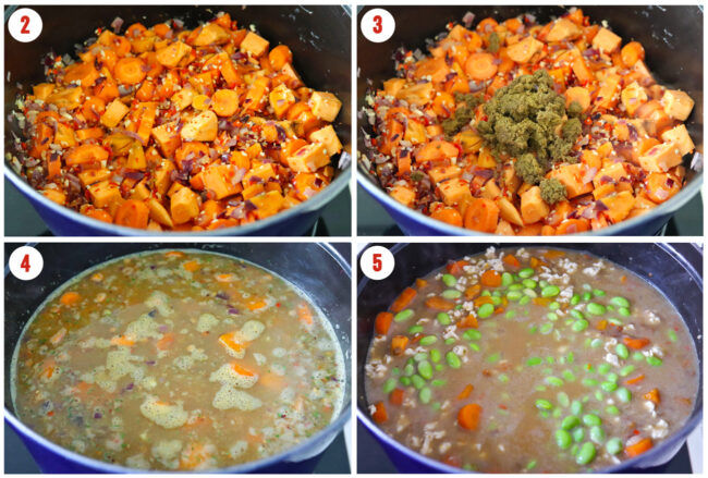 Process steps to make Thai green curry lentil soup in a Dutch oven.