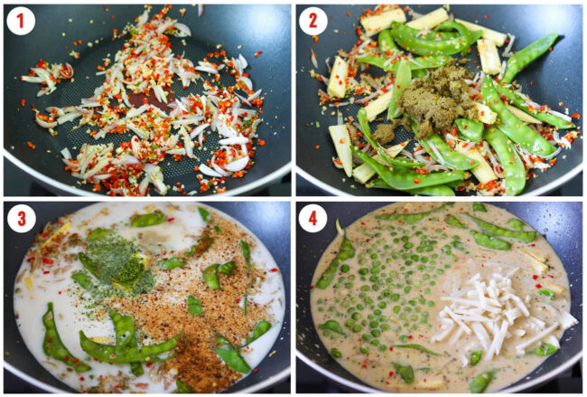 Process steps to make Thai green curry shrimp in a wok.