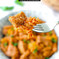 Fork with bite of pasta and chicken above plate with chicken pasta dish. Text overlay "High Protein Creamy Peri Peri Chicken Pasta" and "thatspicychick.com".