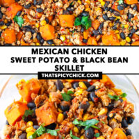 Closeup of ground chicken, sweet potatoes, black beans, corn and in meal prep container. Text overlay "Mexican Chicken Sweet Potato & Black Bean Skillet" and "thatspicychick.com".