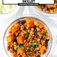 Mexican-style ground chicken in meal prep containers and shredded cheese in a small plate. Text overlay "Mexican Chicken Sweet Potato & Black Bean Skillet" and "thatspicychick.com".