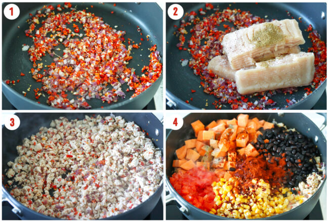 Process steps to cook Mexican chicken, sweet potato, black bean skillet in a pan on stovetop.