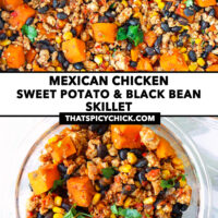 Mexican-style ground chicken in a skillet and meal prep container. Text overlay "Mexican Chicken Sweet Potato & Black Bean Skillet" and "thatspicychick.com".
