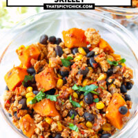 Mexican-style ground chicken in meal prep containers garnished with cilantro. Text overlay "Mexican Chicken Sweet Potato & Black Bean Skillet" and "thatspicychick.com".