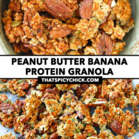 Top view of granola clusters in a bowl and on a baking tray. Text overlay, "Peanut Butter Banana Protein Granola" and "thatspicychick.com".