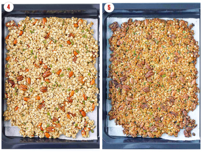 Unbaked and baked granola on a baking tray.