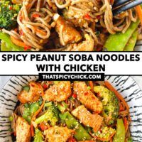 Chopsticks digging into plate with noodles and chicken noodles on a plate. Text overlay "Spicy Peanut Soba Noodles with Chicken" and "thatspicychick.com".