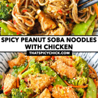 Chopsticks pulling up peanut noodles and front view of chicken noodles stir-fry on a plate. Text overlay "Spicy Peanut Soba Noodles with Chicken" and "thatspicychick.com".