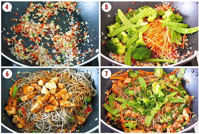 Process steps to cook spicy peanut soba noodles in a wok.