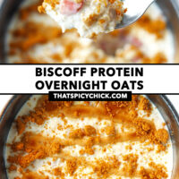 Spoon with bite of overnight oats and closeup of overnight oats in a bowl. Text overlay "Biscoff Protein Overnight Oats" and "thatspicychick.com".