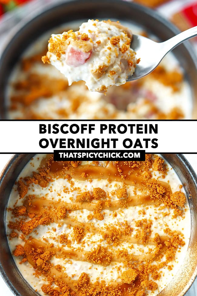Spoon with bite of overnight oats and closeup of overnight oats in a bowl. Text overlay "Biscoff Protein Overnight Oats" and "thatspicychick.com".