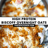 Spoon with bite of overnight oats and in bowl with bites eated. Text overlay "high Protein Biscoff Overnight Oats" and "thatspicychick.com".