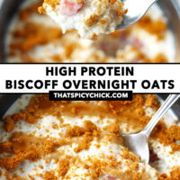 Spoon with bite of overnight oats and in bowl. Text overlay "High Protein Biscoff Overnight Oats" and "thatspicychick.com".