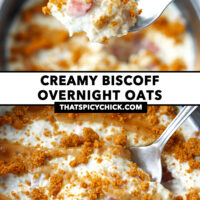 Spoon with bite of overnight oats and in bowl. Text overlay "Creamy Biscoff Overnight Oats" and "thatspicychick.com".