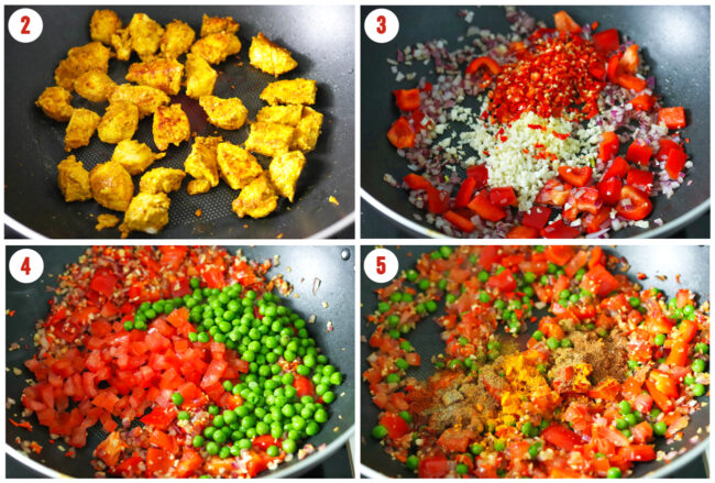 Process steps to make chicken tikka fried rice in a wok.