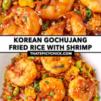 Closeup and top view of shrimp fried rice on a plate. Text overlay "Korean Gochujang Fried Rice with Shrimp" and "thatspicychick.com".