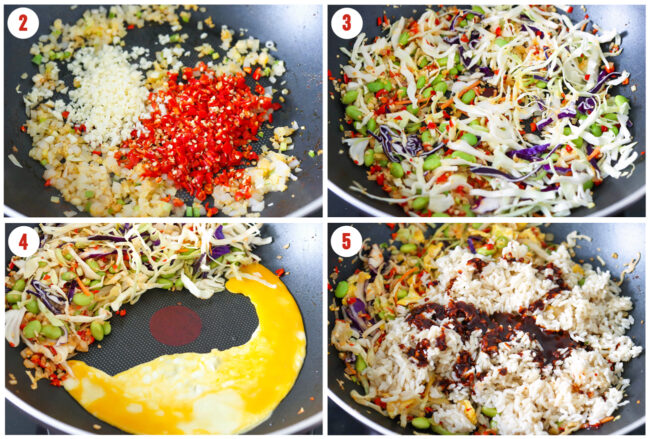 Process steps to make gochujang fried rice.