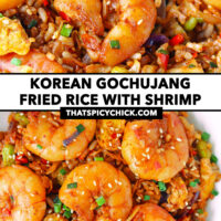 Shrimp fried rice on a spoon and top view of plate with fried rice. Text overlay "Korean Gochujang Fried Rice with Shrimp" and "thatspicychick.com".