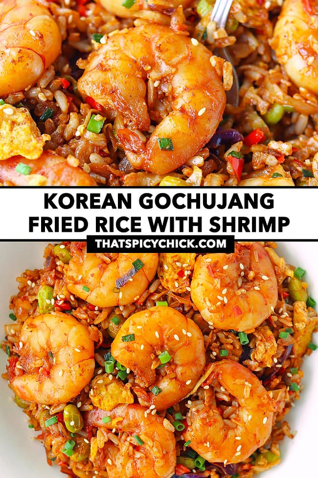 Shrimp and fried rice on a spoon and top view of plate with fried rice. Text overlay "Korean Gochujang Fried Rice with Shrimp" and "thatspicychick.com".