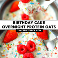 Spoon with bite of oatmeal with a raspberry and sprinkles and oatmeal in bowl with berries and sprinkles. Text overlay "Birthday Cake Overnight Protein Oats" and "thatspicychick.com"