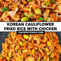 Closeup of cauliflower fried rice on a black plate. Text overlay "Korean Cauliflower Fried Rice with Chicken" and "thatspicychick.com".