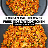 Gochujang cauliflower fried rice on a black plate. Text overlay "Korean Cauliflower Fried Rice with Chicken" and "thatspicychick.com".