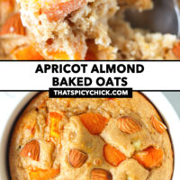 Bite of baked oats to show texture and closeup in ramekin. Text overlay "Apricot Almond Baked Oats" and "thatspicychick.com".