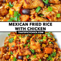 Closeup of Mexican chicken fried rice on a plate. Text overlay "Mexican Fried Rice with Chicken" and "thatspicychick.com".