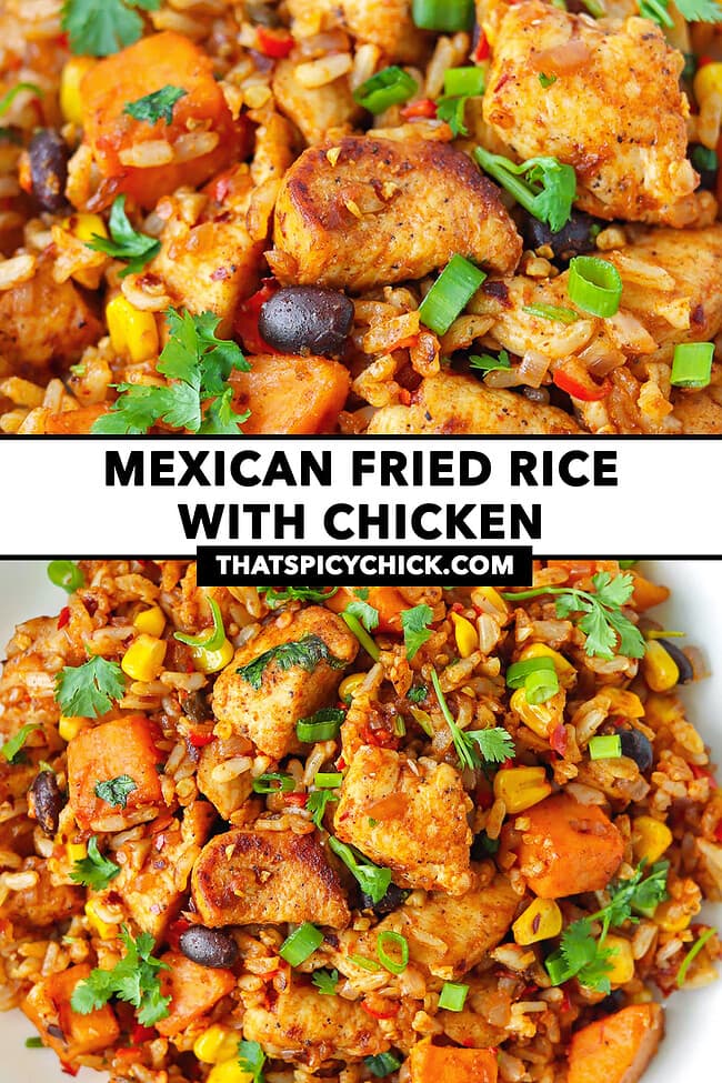 Closeup of fried rice on a plate. Text overlay "Mexican Fried Rice with Chicken" and "thatspicychick.com".