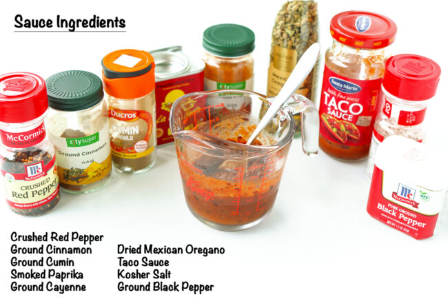 Labeled sauce ingredients and spices for Mexican Fried Rice with Chicken.