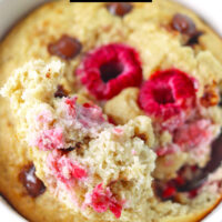 Baked oats bite in ramekin to show inside. Text overlay "Raspberry Chocolate Chip Baked Oats" and "thatspicychick.com".