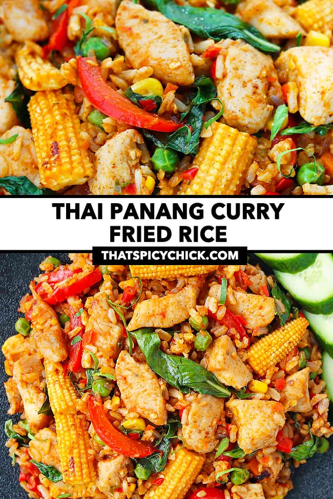 Closeup front and top view of fried rice on a plate. Text overlay "Thai Panang Curry Fried Rice" and "thatspicychick.com".