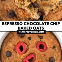 Spoon with bite and top view of baked oats. Text overlay "Espresso Chocolate Chip Baked Oats" and "thatspicychick.com".